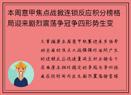 本周意甲焦点战掀连锁反应积分榜格局迎来剧烈震荡争冠争四形势生变