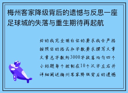 梅州客家降级背后的遗憾与反思一座足球城的失落与重生期待再起航